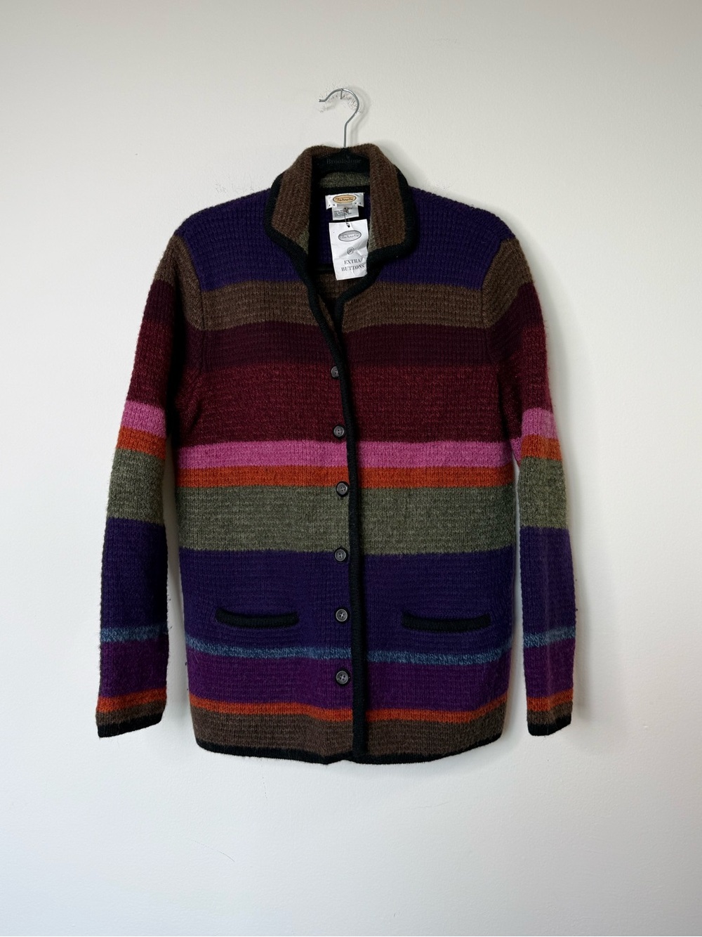 Talbots Striped Knit 100% Wool Cardigan in Purple, Brown, Olive, Black | Small